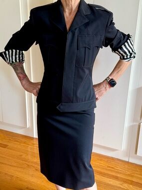 Jean Paul Gaultier Femme Black Skirt Suit Set Sz 4 Structured Blazer Pencil Skir